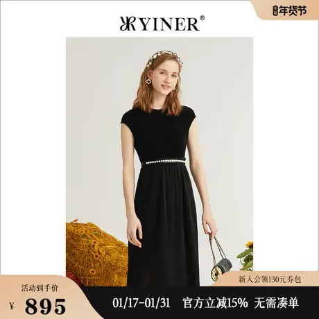 YINER音儿女装2022夏季时尚细条纹醋酸圆领连衣裙图片