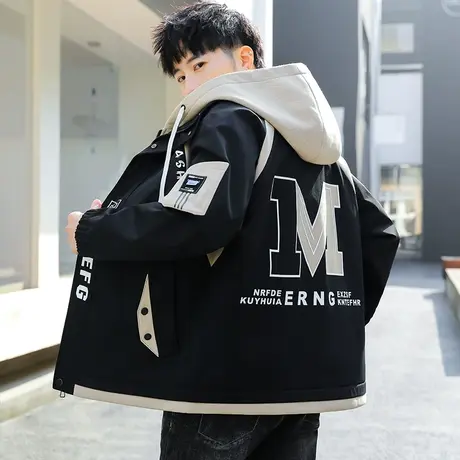 假两件外套男2024新款春秋冬季青少年加绒冲锋衣初中高中学生夹克商品大图