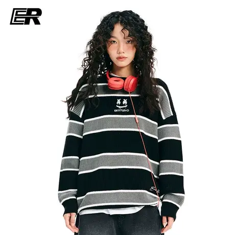 ！ER笑脸撞色条纹毛衣针织衫男宽松潮牌情侣装圆领【敖子逸同款】商品大图