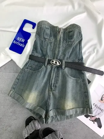 美式复古牛仔抹胸连体短裤2024春新款显瘦百搭高腰卷边阔腿a字裤商品大图