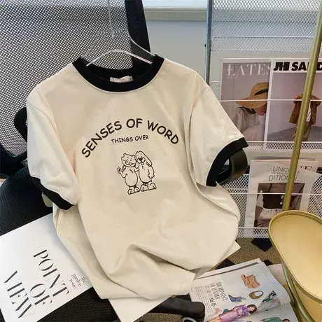 纯棉拼色设计感短袖t恤女夏季ins潮牌宽松韩版chic港味小众上衣服图片