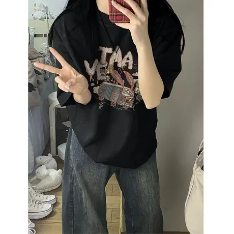 短袖t恤女美式复古夏季2023新款原创设计感小个子宽松半袖上衣ins商品大图