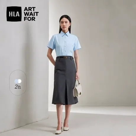 HLA/海澜之家纯色通勤短袖衬衫2024春夏新款翻领正装衬衣女装商品大图
