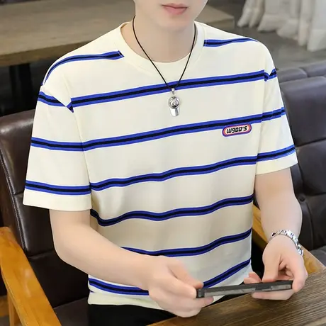 港士博短袖t恤男条纹纯棉重磅体恤宽松潮流百搭休闲上衣服夏季ins商品大图