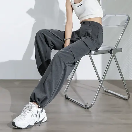 灰色束脚工装裤女春秋季2024年新款高腰直筒美式复古休闲阔腿裤子商品大图