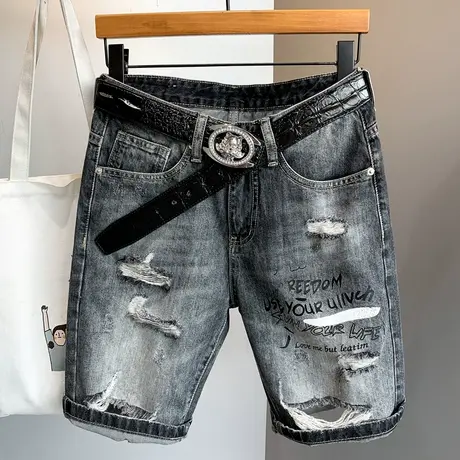 夏季新款破洞牛仔短裤男学生夏男士牛仔裤男五分裤子潮流宽松韩版商品大图