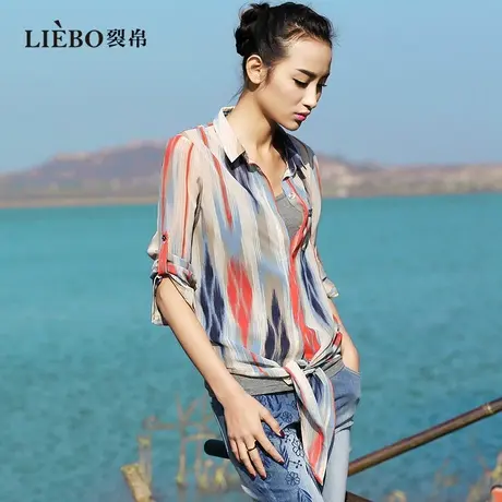【预】裂帛多巴胺彩色复古印花系带衬衫女可调节长袖度假罩衫上衣图片