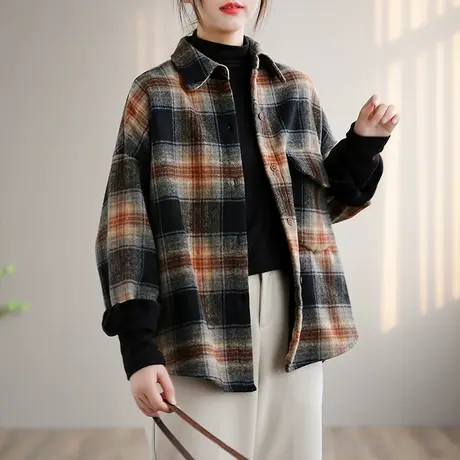 dza 复古格子衬衫女士加绒加厚短款外套内搭上衣新款冬季百搭衬衣图片
