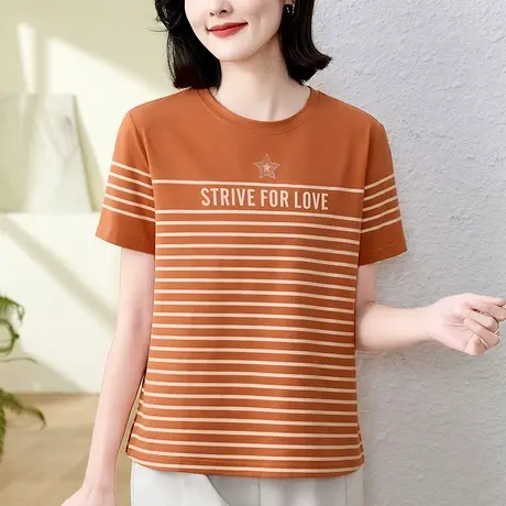 纯棉刺绣t恤女夏装短袖2024年新款时尚洋气年轻妈妈条纹上衣体恤商品大图