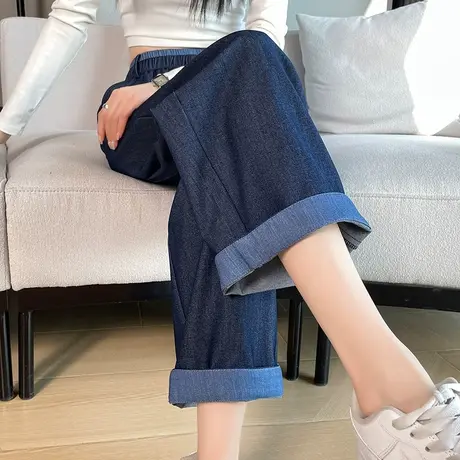 深蓝色天丝哈伦牛仔裤女2024春夏新款高腰宽松显瘦老爹裤萝卜裤子商品大图