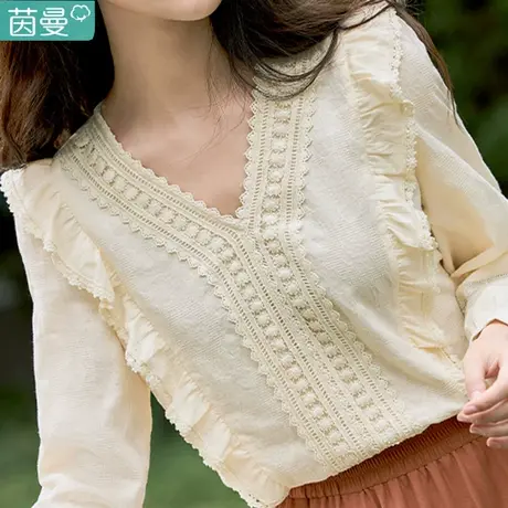 茵曼女装官方旗舰店衬衫女长袖衬衣2024春季新款法式纯棉v领上衣图片