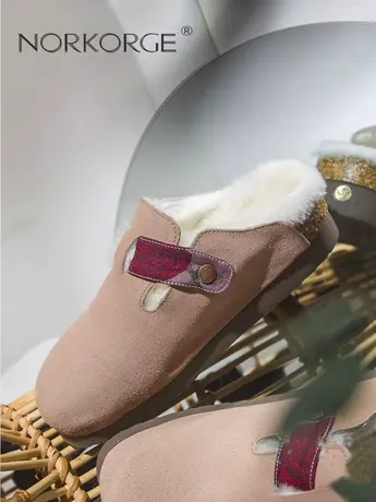 原创设计复古勃肯鞋女2023冬季新款女鞋子真皮真毛一脚蹬毛毛鞋女图片