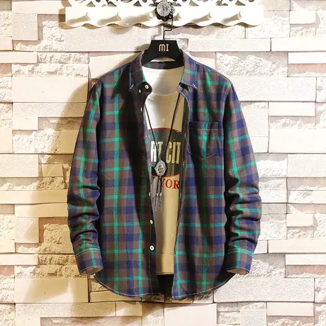 2023春季格子衬衫男士韩版修身潮流百搭帅气青年学生休闲长袖衬衣商品大图