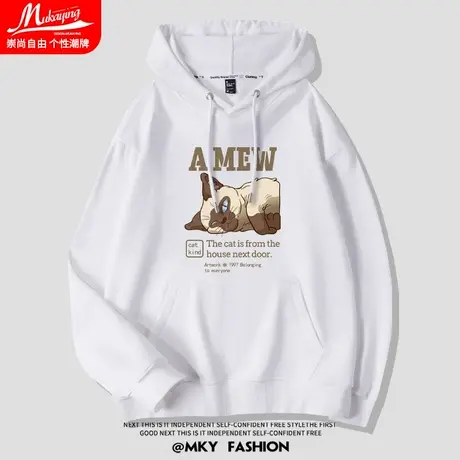 美式潮牌猫咪印花连帽卫衣男白色2023春秋款设计感小众宽松长袖衫商品大图