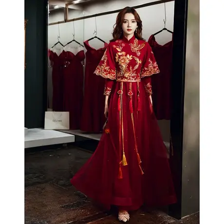 秀禾服2023新款冬季纱裙结婚敬酒服酒红色新娘旗袍中式长袖礼服女图片