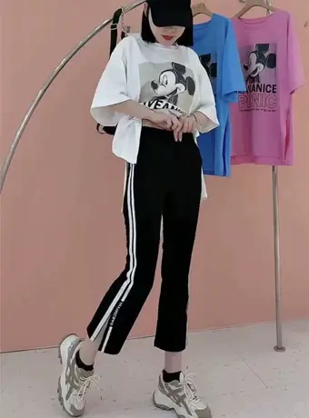 黑色微喇叭裤子女春秋显瘦垂感小个子开叉休闲运动阔腿打底九分裤图片