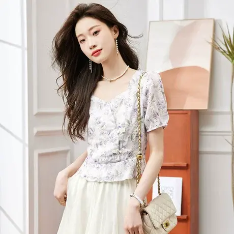 时尚气质碎花短袖衬衫2023年夏季新款淑女温柔显瘦通勤百搭上衣商品大图