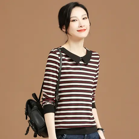 韩潮袭人娃娃领长袖宽松条纹T恤女2023秋季新款打底衫内搭上衣薄图片