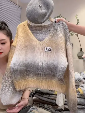 2023秋冬新款毛衣女韩系宽松慵懒风设计感V领针织短款百搭上衣洋商品大图