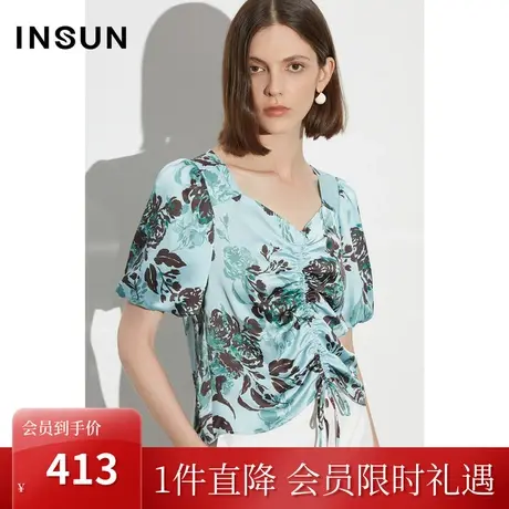 恩裳COVER2023夏装新款柔软印花缎面雪纺衬衫抽绳复古灯笼袖上衣图片