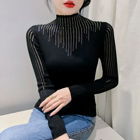 性感网纱拍拼接半高领上衣欧货钉珠套头打底衫气质减龄修身打底衫图片