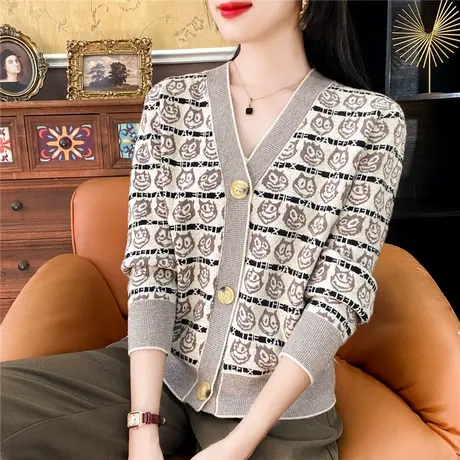 秋季2023年新款卡通短款毛衣针织开衫外套女小个子长袖外搭v领女商品大图