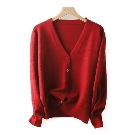 V领针织开衫女秋季2023新款单排扣纯色时尚镂空韩版上衣商品大图