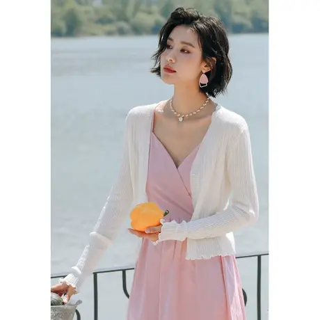 弥古白色针织开衫外套女秋季吊带裙外搭罩衫高级感法式木耳边上衣图片