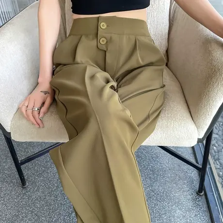 咖色西装直筒裤女九分2023年春秋新款高腰显瘦小个子休闲哈伦裤潮图片
