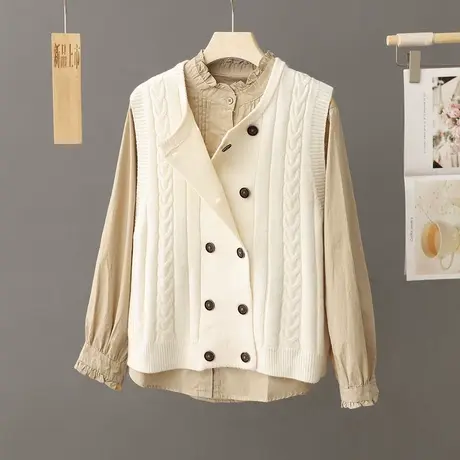 双排扣圆领针织马甲开衫女新款2023春秋无袖毛衣马夹背心外搭坎肩商品大图