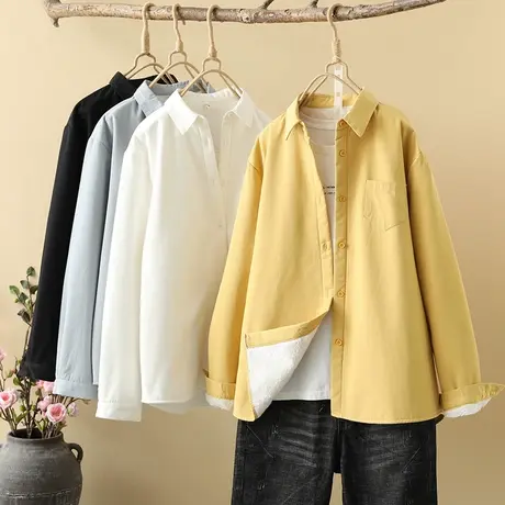 简约百搭白衬衫女长袖加绒秋冬季加厚保暖职业打底衬衣工作服正装图片