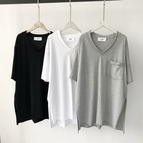 2020夏季新款韩版ins潮简约纯色口袋宽松V领中长款连衣裙开叉上衣商品大图