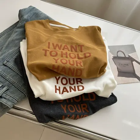 韩版加厚实字母圆领短袖T恤女宽松2023年新款冬季保暖打底衫上衣图片