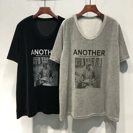 2023秋装 韩国ulzzang新款人物图案宽松中长款丝绒U领短袖T恤女潮商品大图