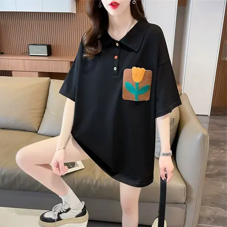 小众设计感短袖t恤女夏韩版宽松大码中长款小个子翻领polo衫上衣图片