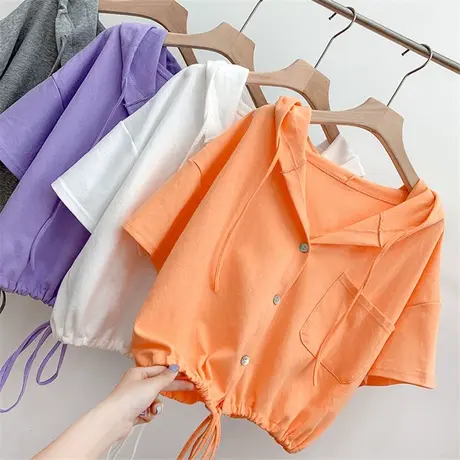 ins超火连帽短袖T恤女2022夏季新款宽松百搭洋气减龄短款半袖上衣图片