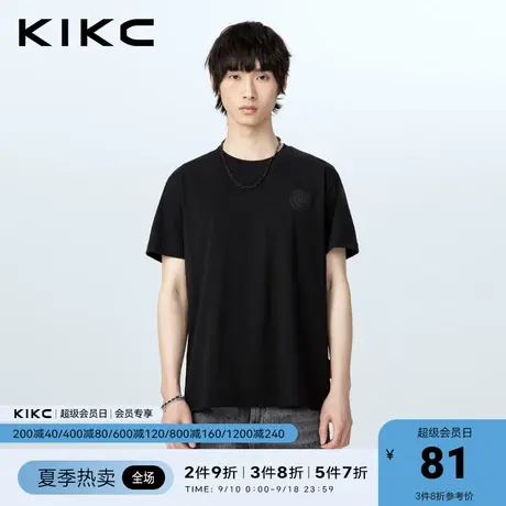 kikct恤男2023春夏新款商场同款印花硅胶标宽松休闲黑色短袖上衣图片