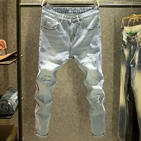 浅色ins潮牌牛仔裤男款夏季修身小脚裤2023时尚潮流破洞补丁长裤商品大图