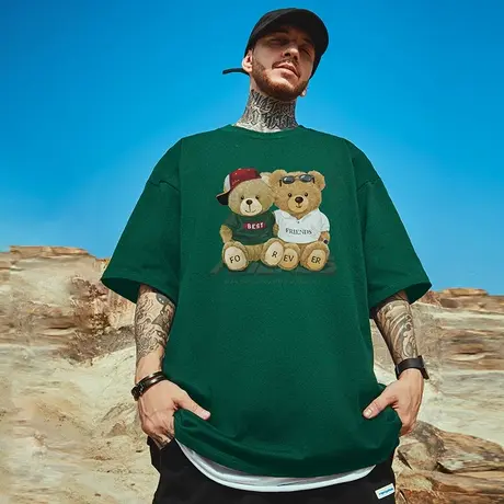 摩严国潮简约绿色宽松短袖男大码加肥加大号纯棉半袖t恤ins潮流男图片