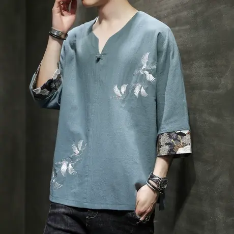 2023男士短袖T恤中国风仙鹤刺绣薄V领盘扣古风半截袖小衫休闲体恤商品大图