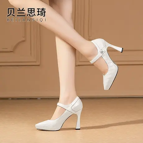 真皮一字带防水台高跟鞋女33小码2023春秋季新款浅口尖头细跟单鞋商品大图