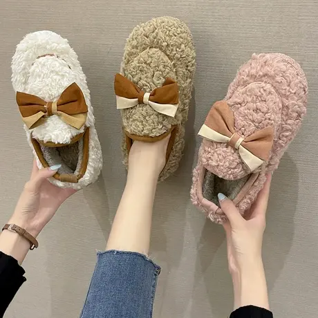 时尚包跟棉拖鞋女可爱蝴蝶结保暖厚底毛绒棉鞋室内防滑居家冬新款商品大图