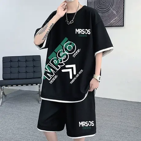 运动套装男夏季薄款休闲短袖T恤宽松短裤潮牌大码家居服2024新款商品大图