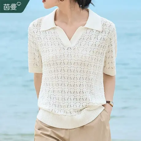 茵曼旗舰店凉感POLO领针织衫女2023夏季新款镂空遮肉显瘦短袖上衣商品大图