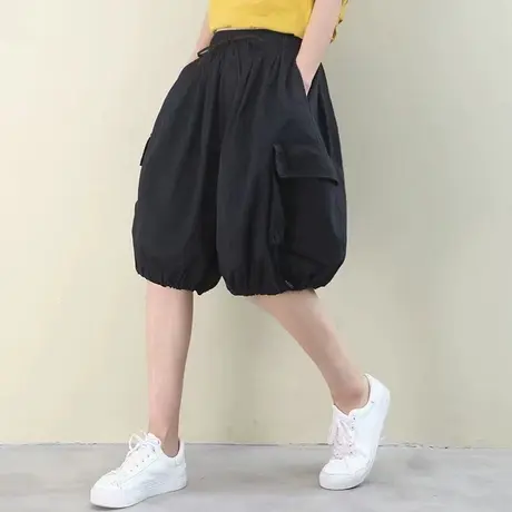 个性大口袋灯笼裤女夏宽松大码胖mm显瘦薄款松紧腰系绳休闲五分裤商品大图