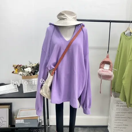 超火cec卫衣女春秋薄款韩版ins潮纯色V领宽松大码连帽外套上衣服商品大图