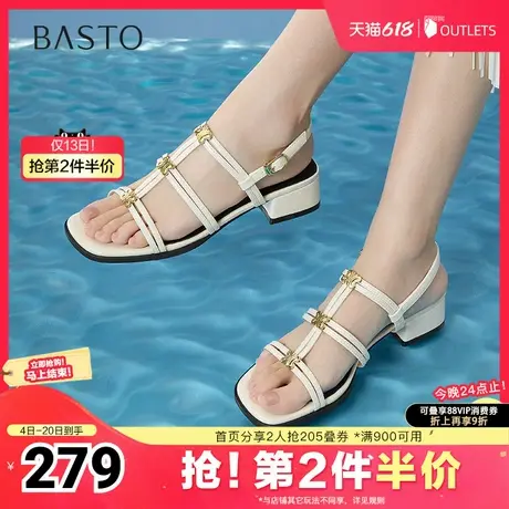 百思图2025夏季新款时尚潮流复古风罗马凉粗跟女凉鞋B5378BL5图片