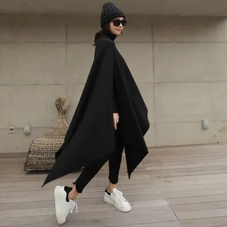 斗篷春秋披肩毛线外套宽松高领中长款加厚针织衫套头蝙蝠袖毛衣女图片