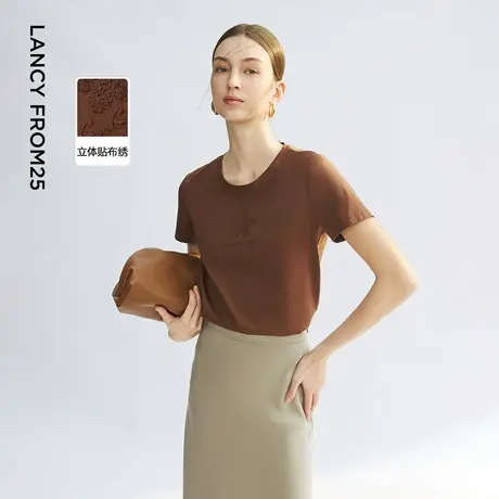 朗姿圆领正肩修身短袖T恤高级感2025年夏季新款气质通勤薄款上衣图片