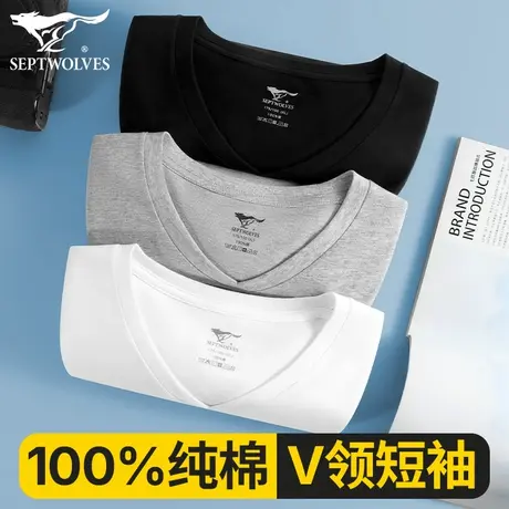 七匹狼v领男士短袖男款t恤纯棉吸汗衫打底上衣服宽松半袖夏季薄款商品大图